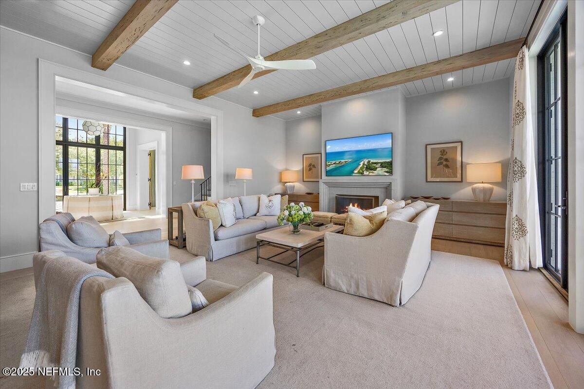 Fireplace, Interior, Living room, Recessed Lighting, Wooden Beams