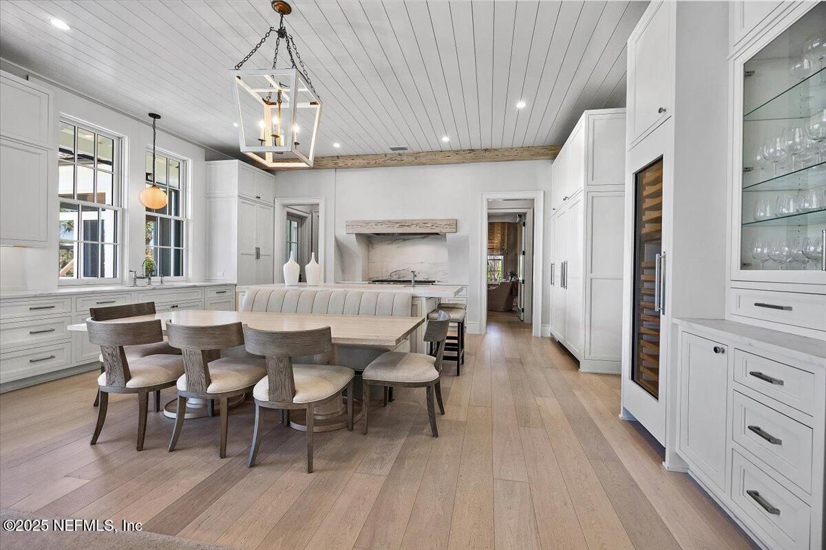 Dining room, Interior, Pendant Lights, Recessed Lighting, Wood Texture Flooring
