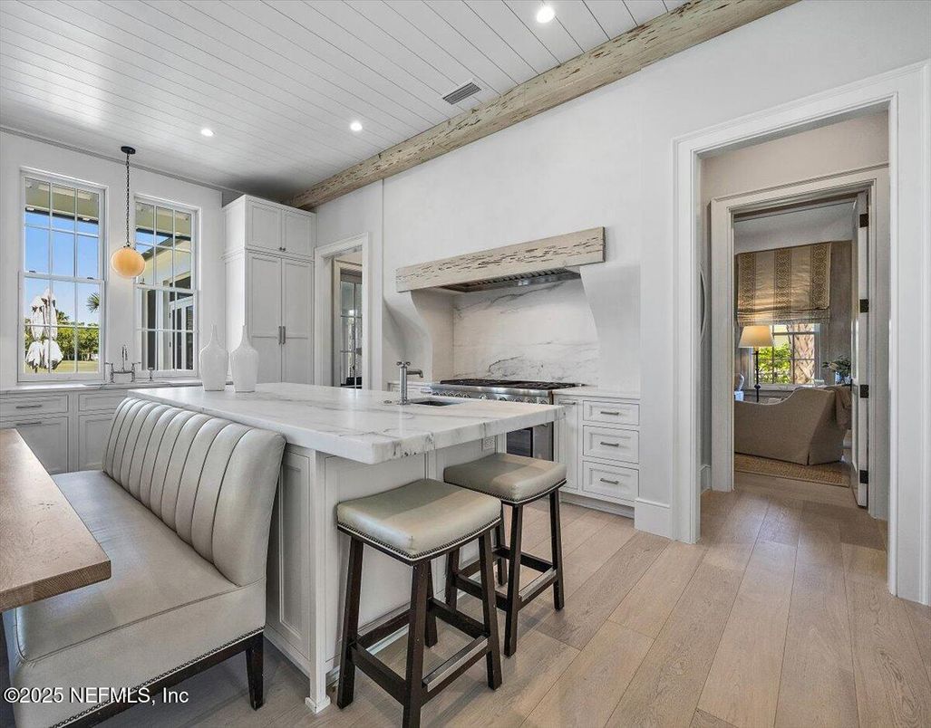 Interior, Kitchen, Marble Walls, Pendant Lights, Recessed Lighting, Wood Texture Flooring