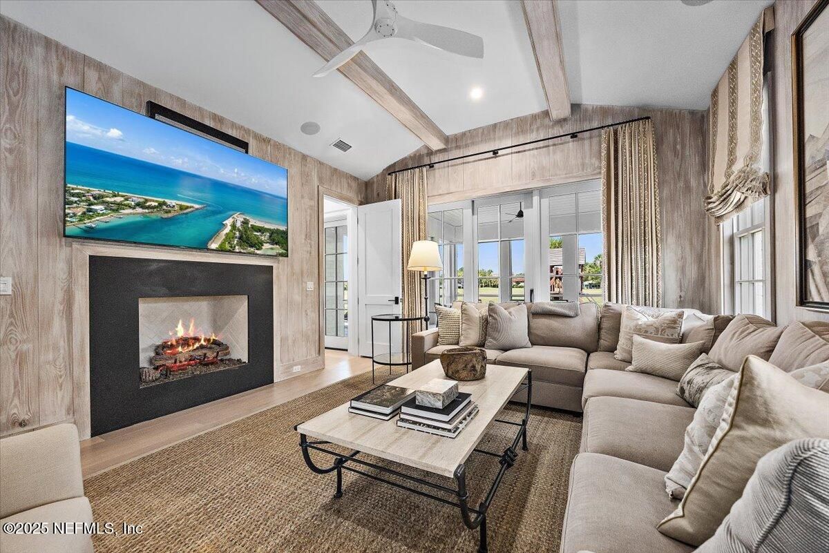 Fireplace, Interior, Living room, Recessed Lighting, Wood Texture Flooring, Wooden Walls