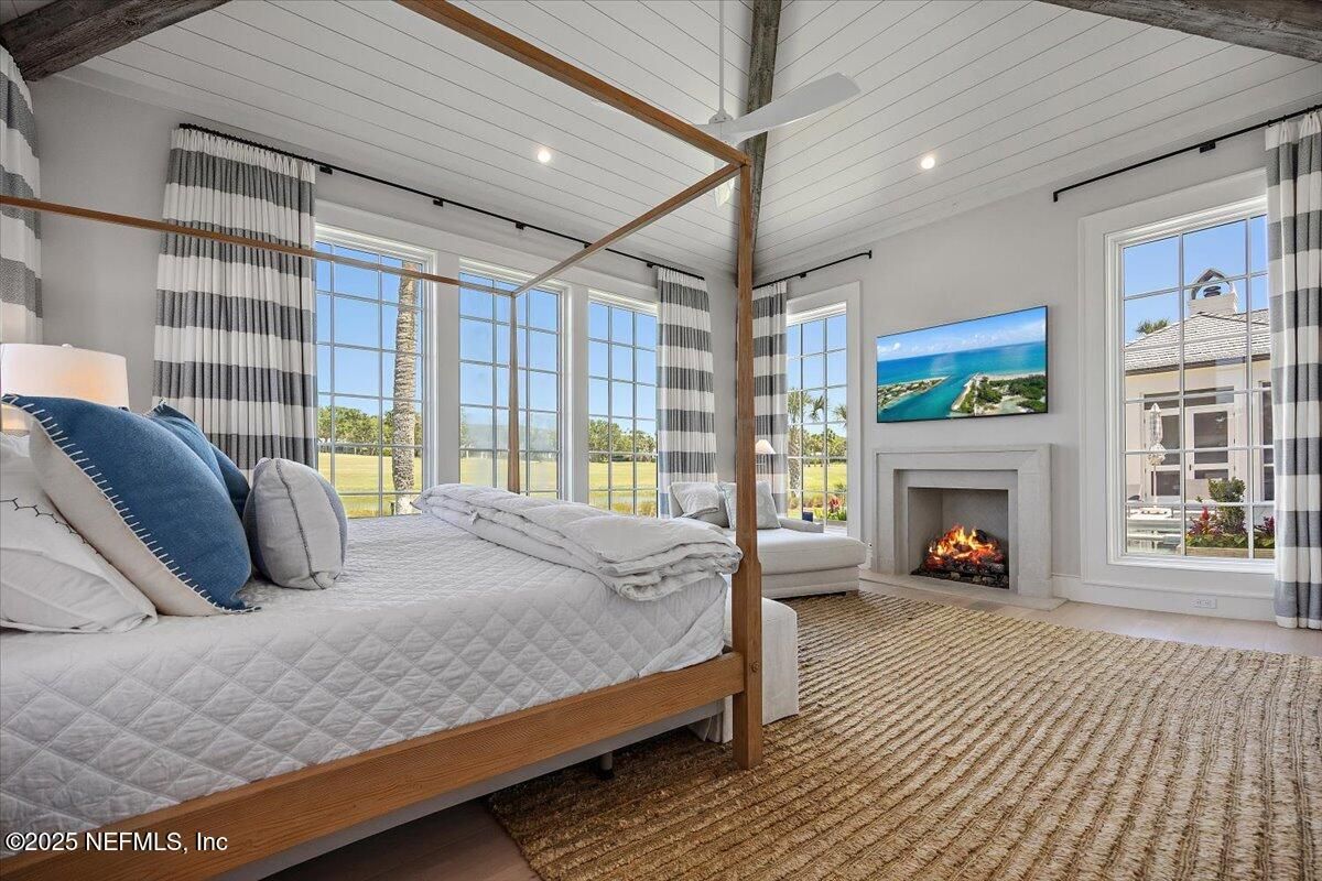 Bedroom, Fireplace, Interior, Recessed Lighting, Wooden Beams