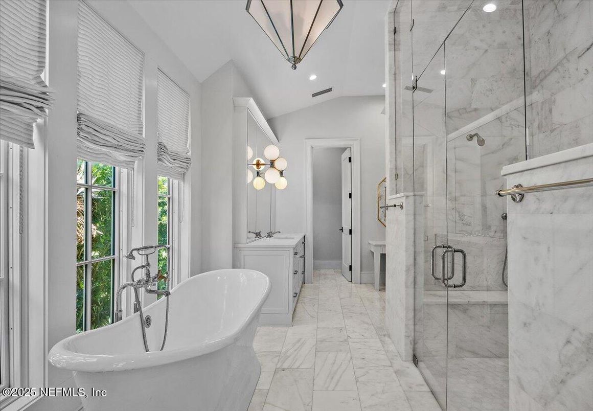 Bathroom, Free Standing Baths, Glass Shower, Interior, Marble, Marble Walls, Recessed Lighting