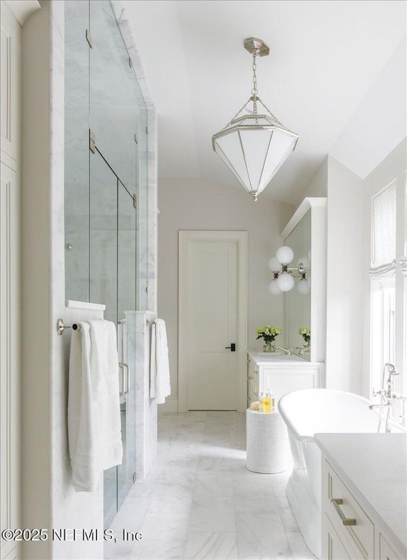 Bathroom, Glass Shower, Interior, Marble, Pendant Lights