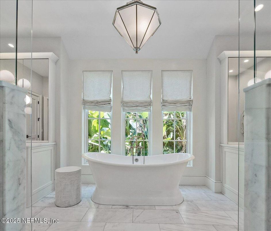 Bathroom, Free Standing Baths, Glass Shower, Interior, Marble, Marble Walls, Pendant Lights, Recessed Lighting