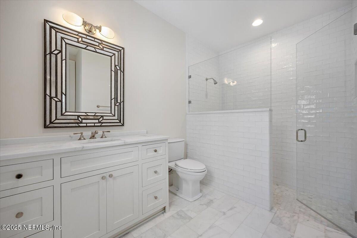 Bathroom, Glass Shower, Interior, Marble, Recessed Lighting