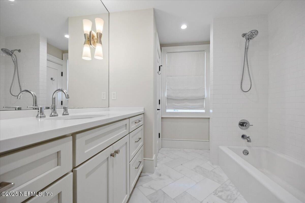 Bathroom, Dual Sink Vanities, Interior, Marble, Recessed Lighting