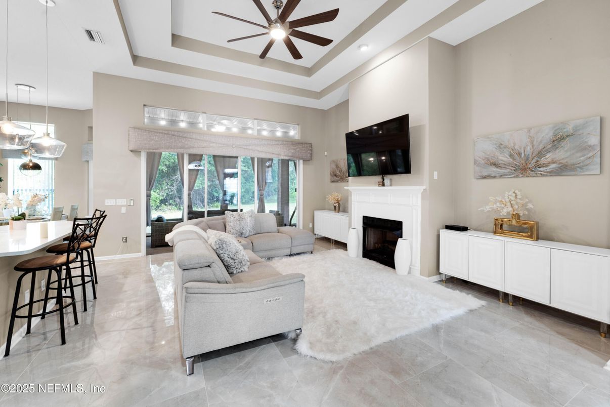 Dining room, Fireplace, Interior, Living room, Pendant Lights, Recessed Lighting
