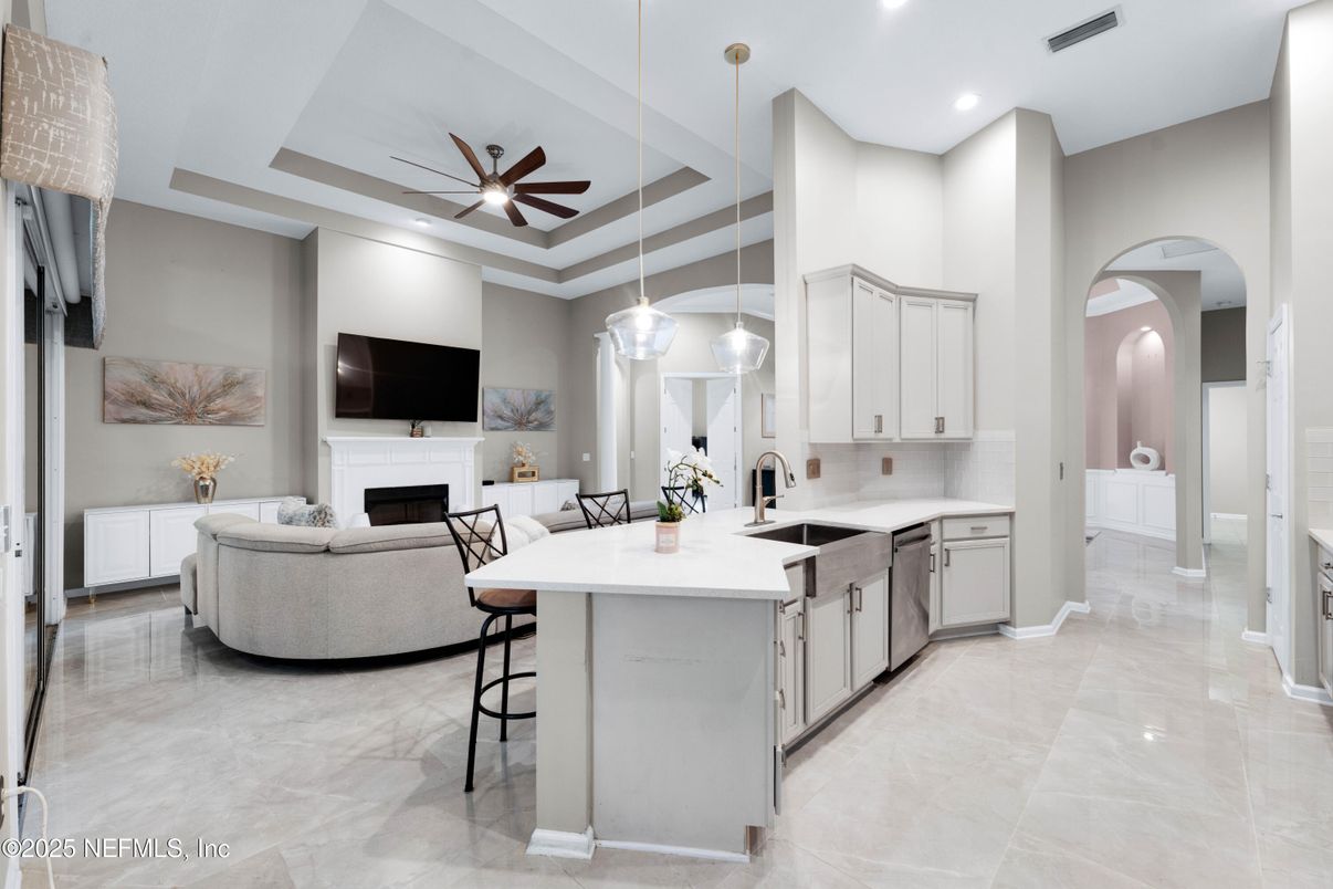 Dining room, Fireplace, Interior, Kitchen, Living room, Pendant Lights, Recessed Lighting