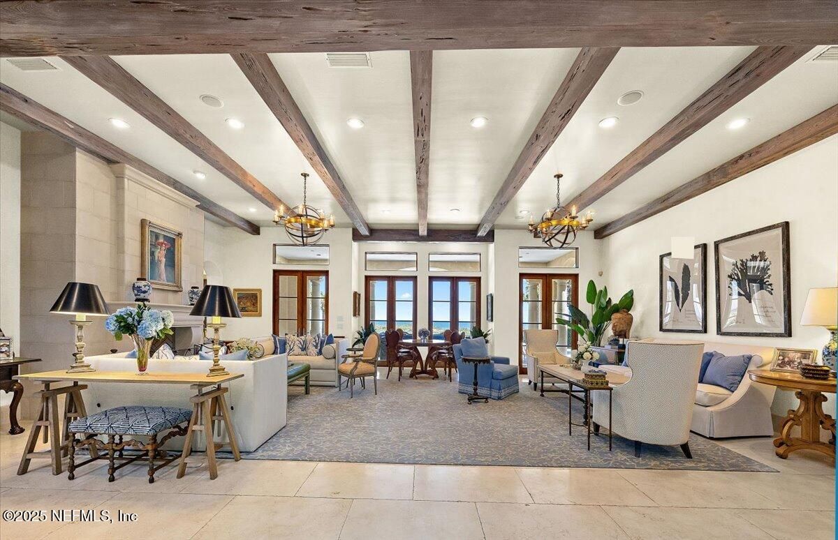 Chandelier, Dining room, Interior, Living room, Recessed Lighting, Wooden Beams
