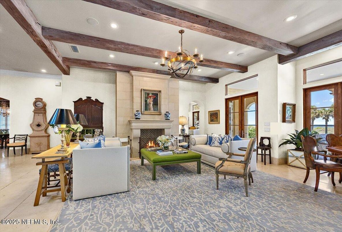 Chandelier, Dining room, Fireplace, Interior, Living room, Recessed Lighting, Wooden Beams