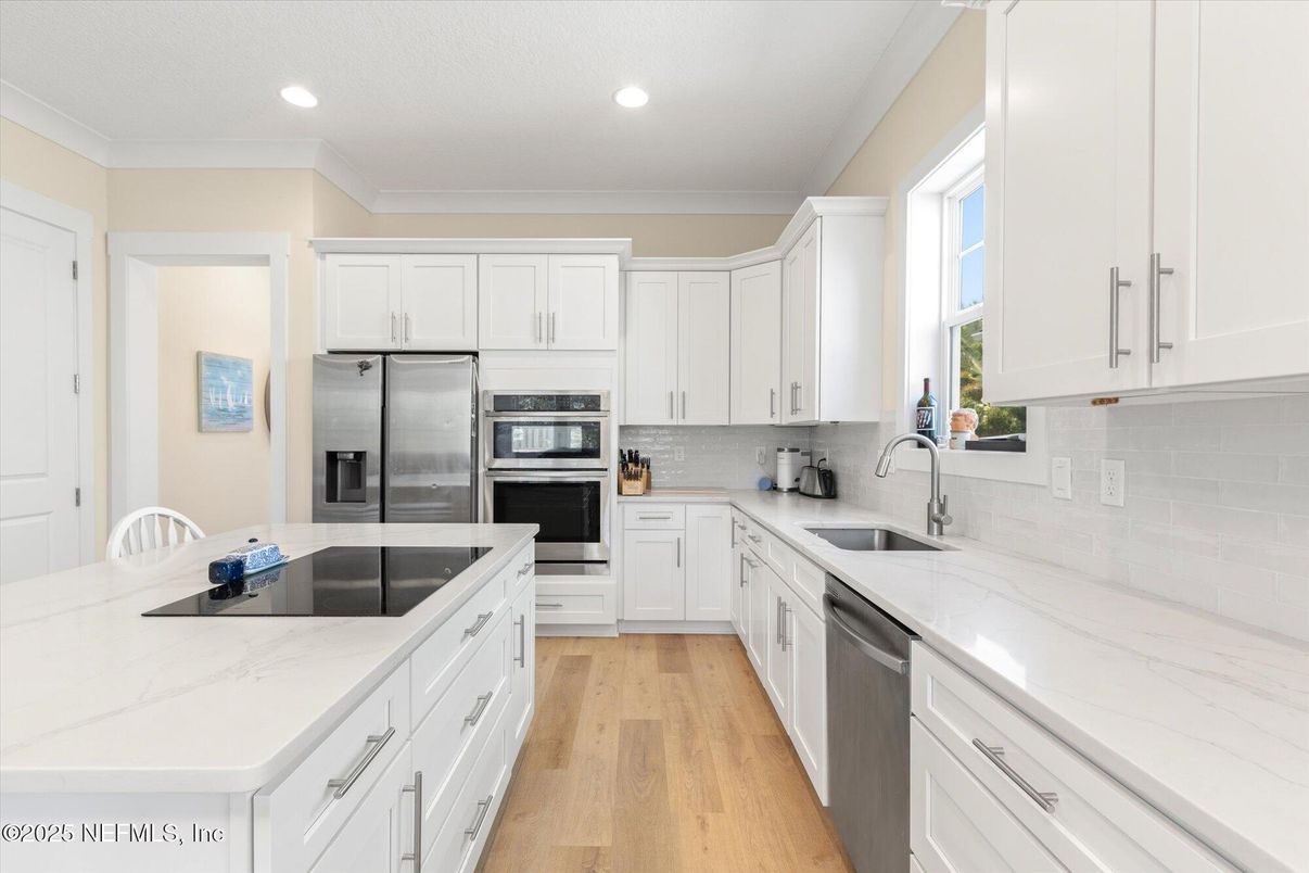 Interior, Kitchen, Recessed Lighting, Stainless Steel Appliances, Wood Texture Flooring