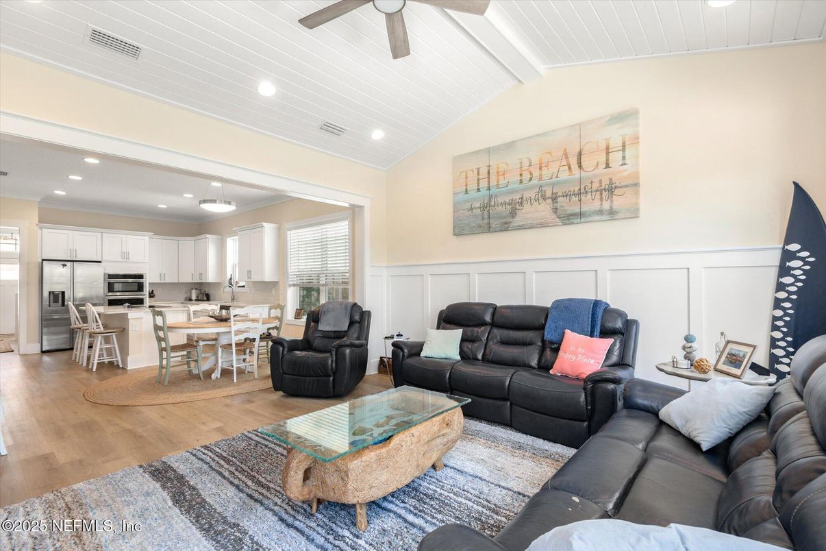 Dining room, Interior, Kitchen, Living room, Recessed Lighting, Stainless Steel Appliances, Wood Texture Flooring
