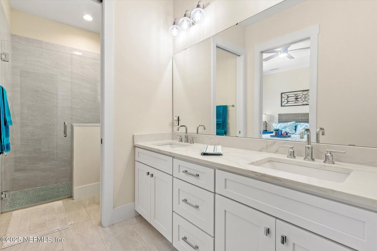 Bathroom, Dual Sink Vanities, Glass Shower, Interior, Recessed Lighting