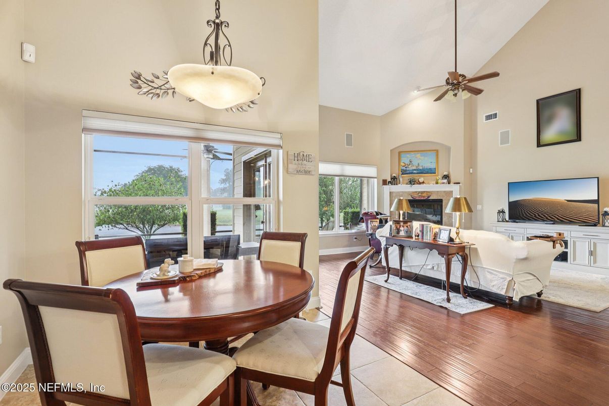 Dining room, Fireplace, Interior, Living room, Pendant Lights, Wood Texture Flooring