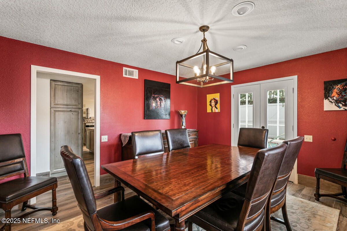 Dining room, Interior, Pendant Lights, Wood Texture Flooring