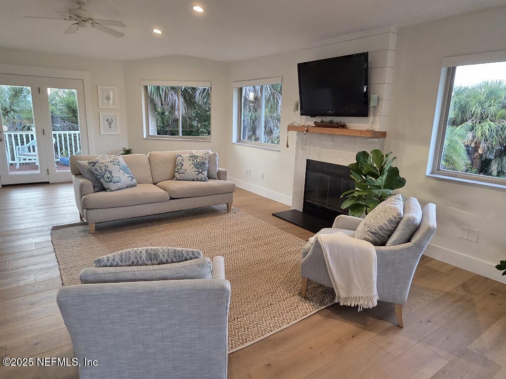 Fireplace, Interior, Living room, Recessed Lighting, Wood Texture Flooring