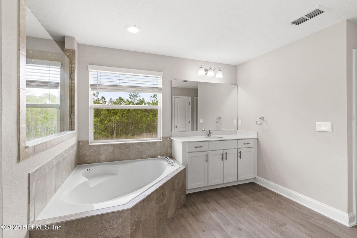 Bathroom, Interior, Recessed Lighting, Wood Texture Flooring