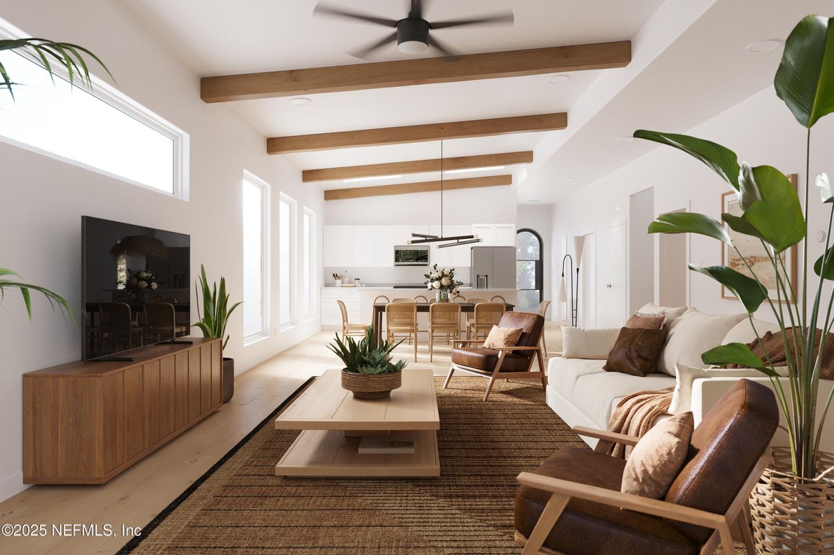 Dining room, Interior, Kitchen, Living room, Pendant Lights, Recessed Lighting, Wooden Beams, Wood Texture Flooring