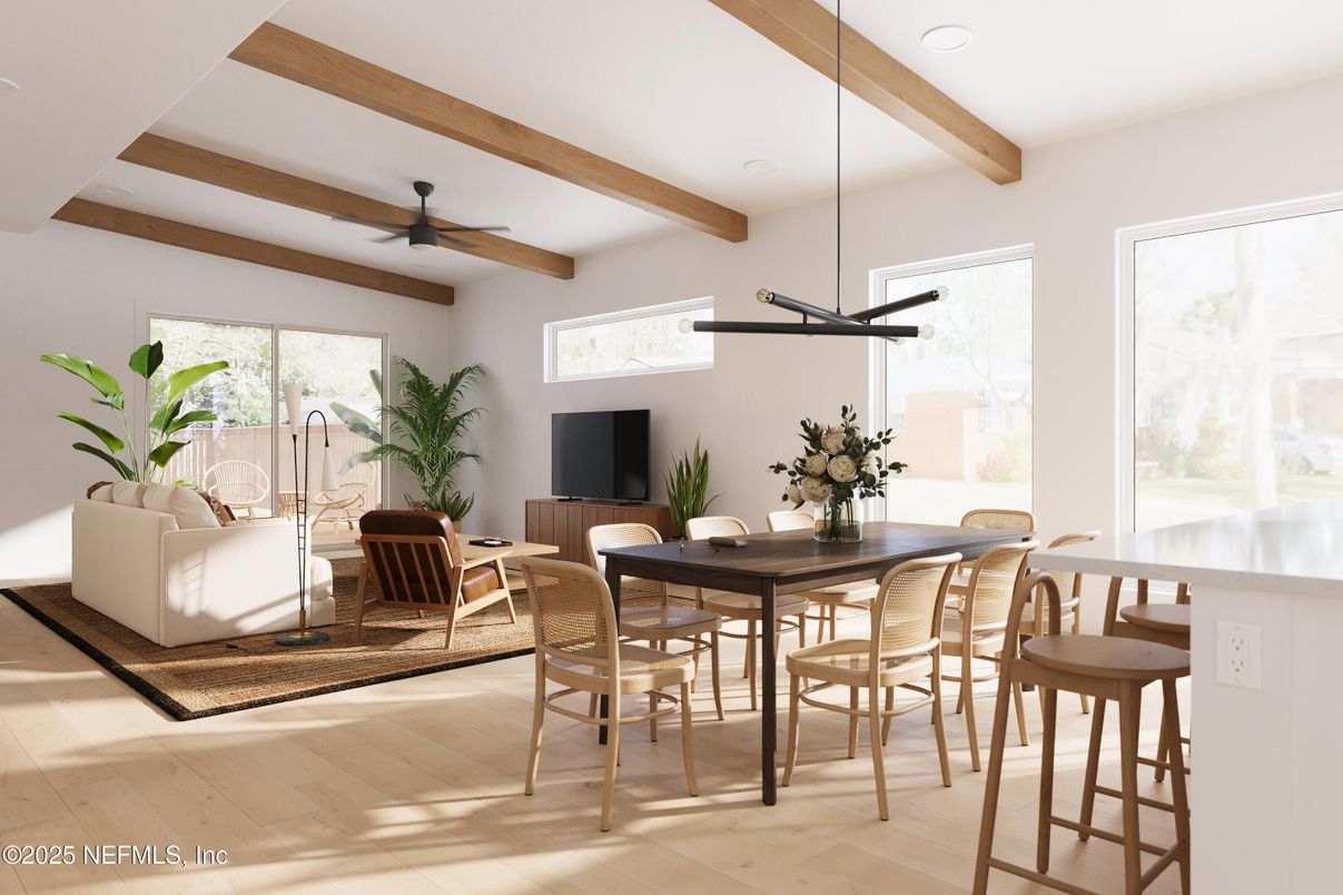 Dining room, Interior, Living room, Pendant Lights, Recessed Lighting, Wooden Beams, Wood Texture Flooring