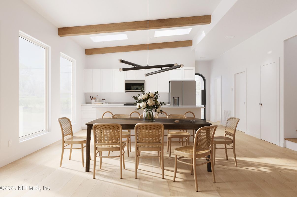Dining room, Interior, Kitchen, Pendant Lights, Wooden Beams, Wood Texture Flooring