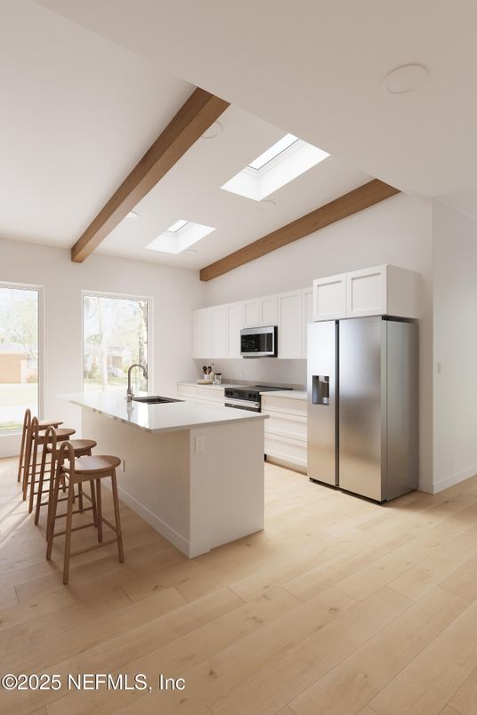 Interior, Kitchen, Recessed Lighting, Stainless Steel Appliances, Wooden Beams, Wood Texture Flooring