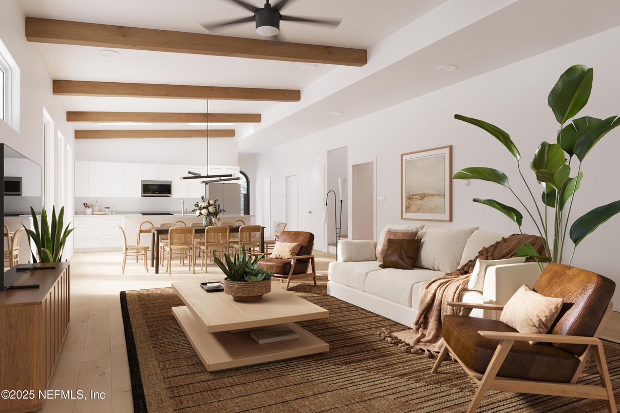 Dining room, Interior, Kitchen, Living room, Pendant Lights, Recessed Lighting, Wooden Beams, Wood Texture Flooring