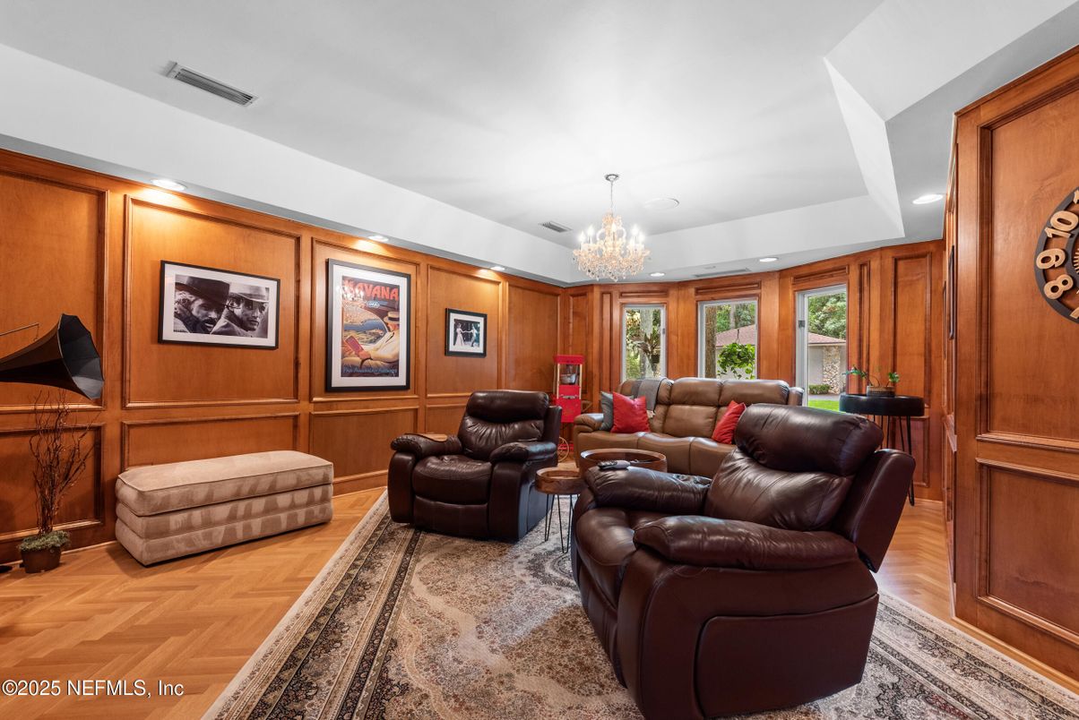 Chandelier, Interior, Living room, Recessed Lighting, Wood Texture Flooring, Wooden Walls