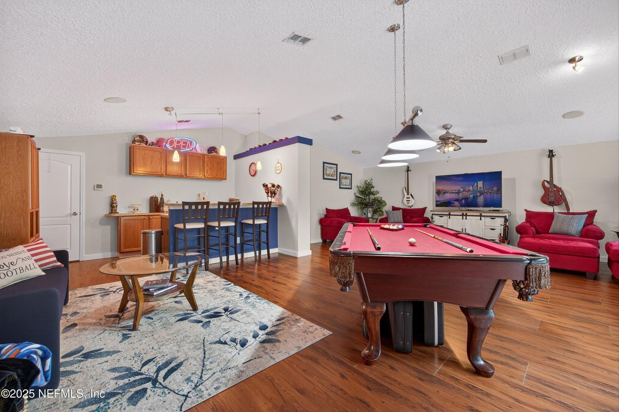 Billiard Table, Dining room, Game Room, Interior, Pendant Lights, Wood Texture Flooring