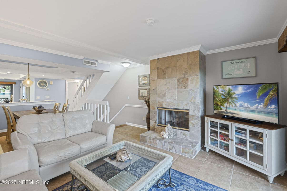 Dining room, Fireplace, Interior, Living room, Pendant Lights