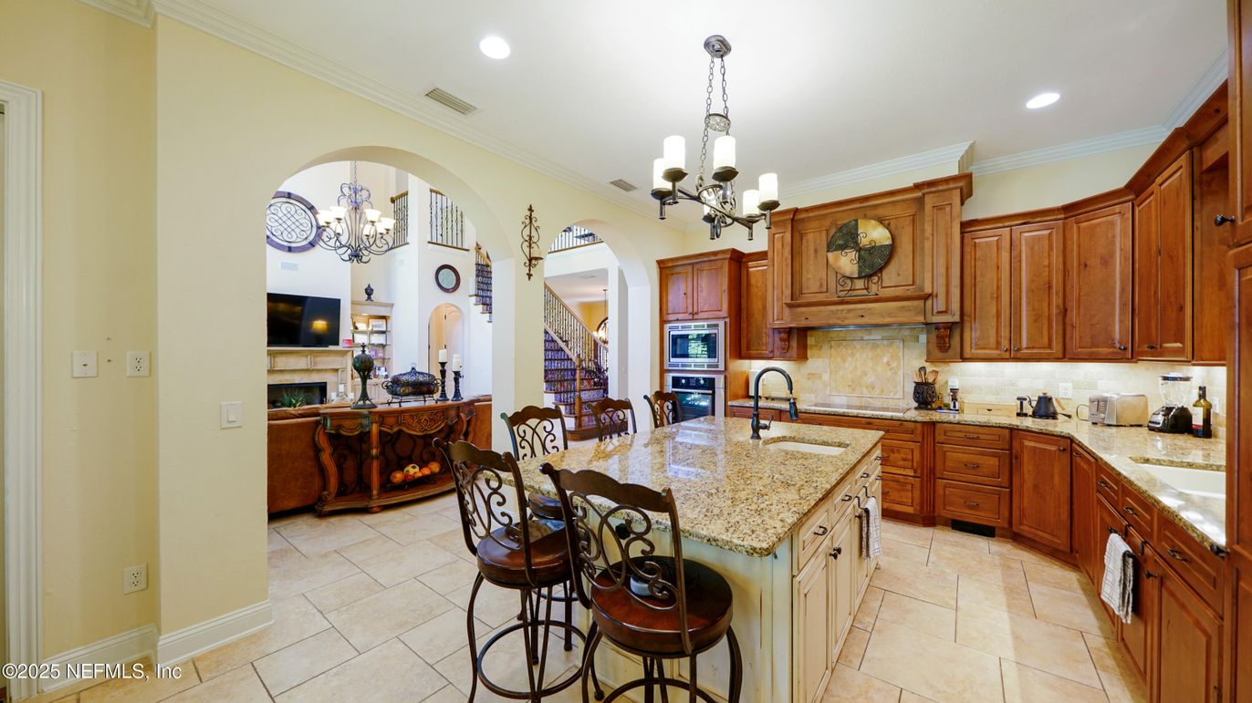 Chandelier, Dining room, Fireplace, Interior, Kitchen, Recessed Lighting