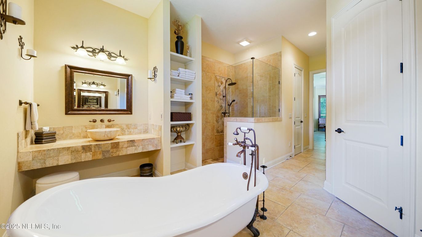Bathroom, Free Standing Baths, Glass Shower, Interior, Recessed Lighting