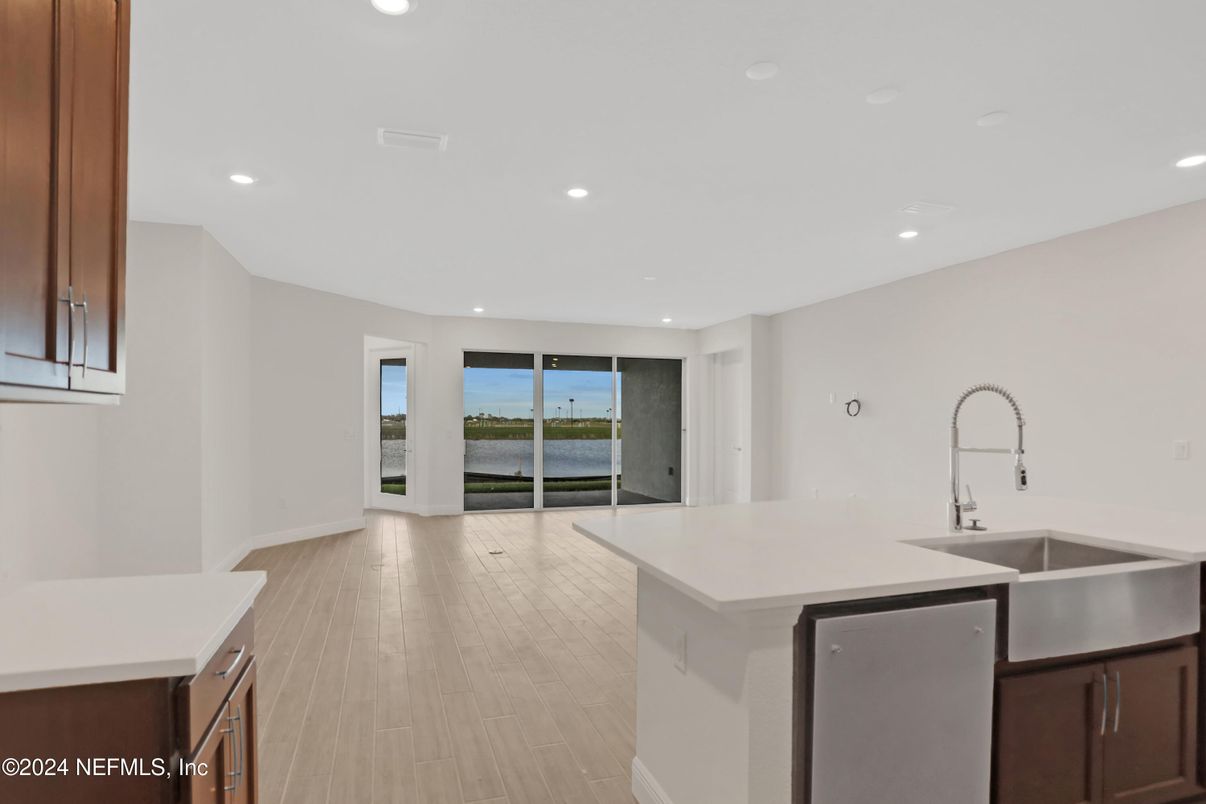 Interior, Kitchen, Recessed Lighting, Water, Wood Texture Flooring