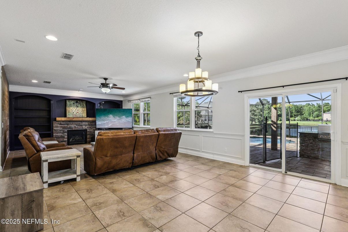 Chandelier, Fireplace, Interior, Living room, Recessed Lighting