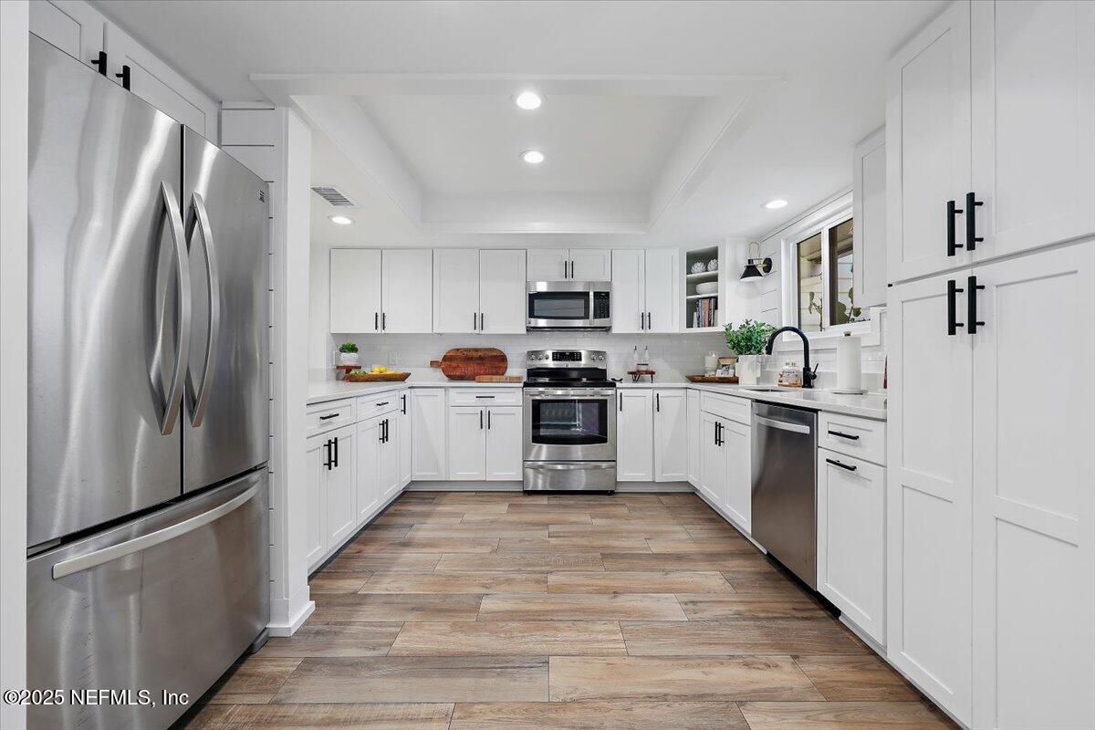 Interior, Kitchen, Recessed Lighting, Stainless Steel Appliances, Wood Texture Flooring