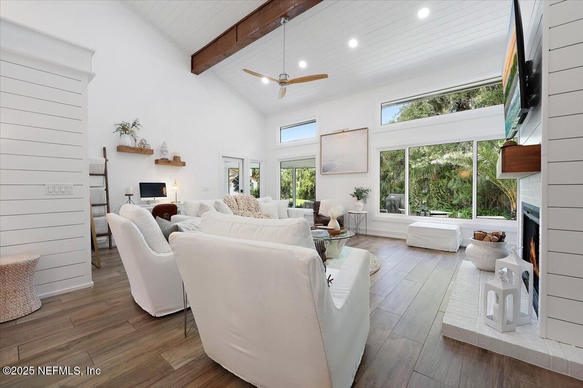 Fireplace, Interior, Living room, Recessed Lighting, Wooden Beams, Wood Texture Flooring