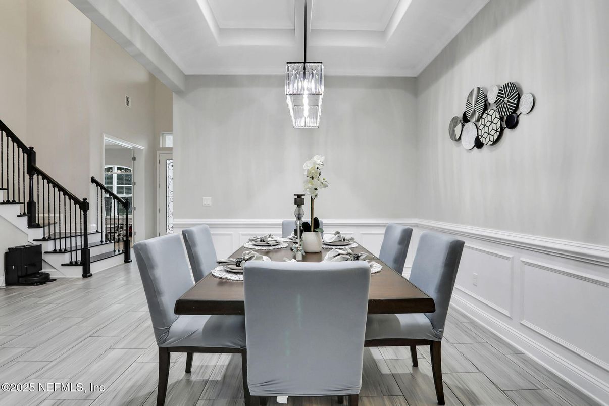 Dining room, Interior, Pendant Lights, Wood Texture Flooring