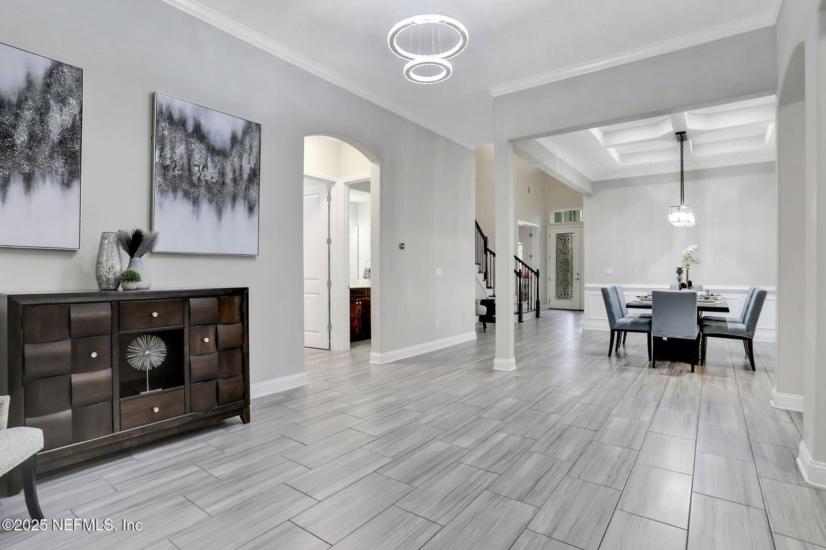 Dining room, Interior, Pendant Lights, Wood Texture Flooring