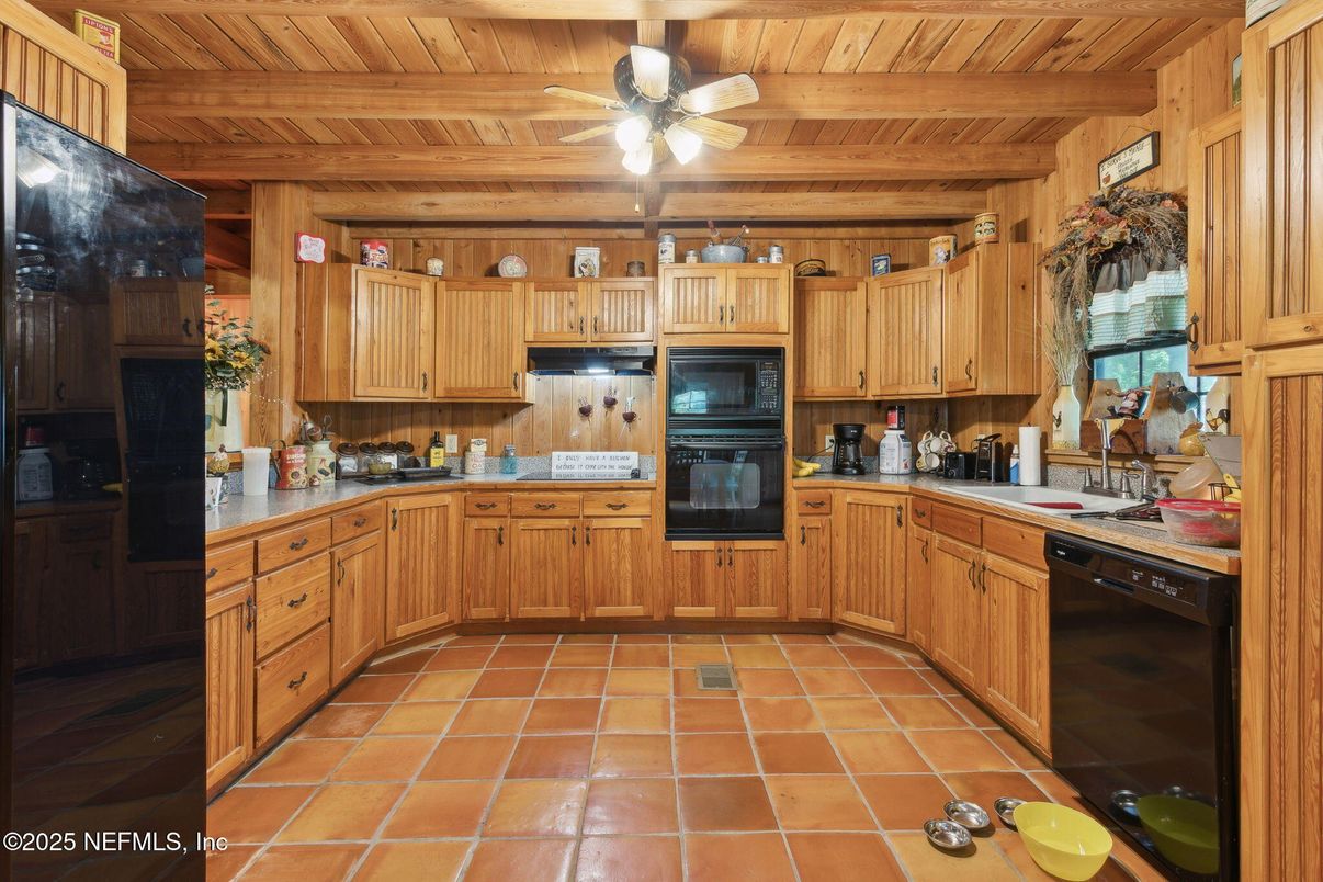 Interior, Kitchen, Tile Countertops, Wooden Beams, Wooden Ceilings, Wooden Walls