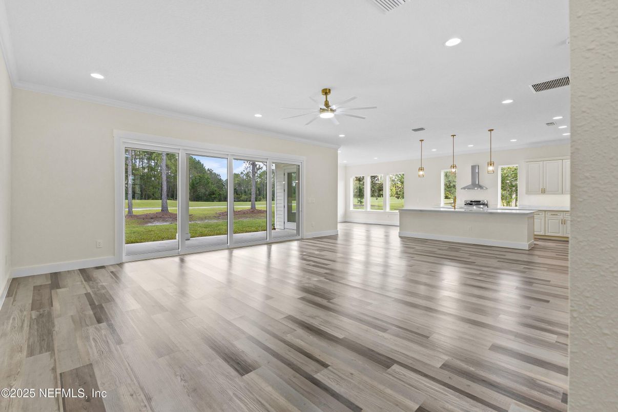 Empty room, Interior, Kitchen, Pendant Lights, Recessed Lighting, Wood Texture Flooring