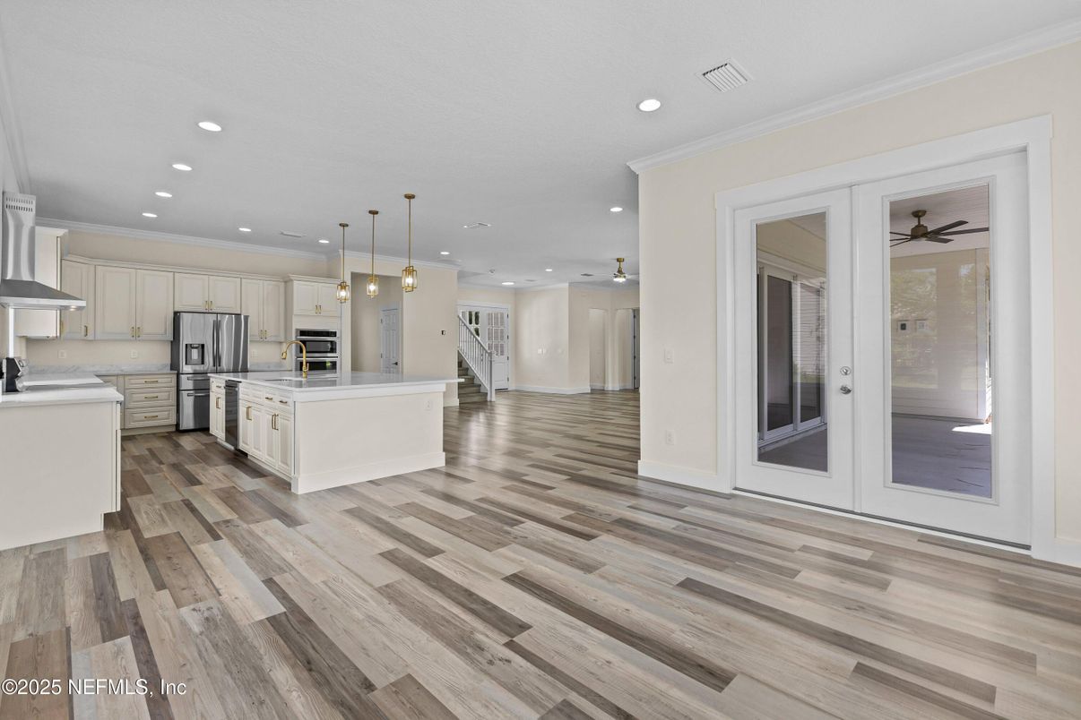 Interior, Kitchen, Pendant Lights, Recessed Lighting, Stainless Steel Appliances, Wood Texture Flooring