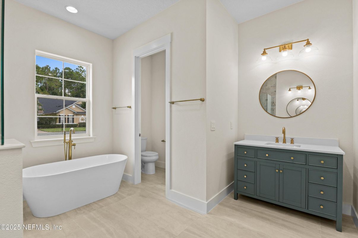 Bathroom, Dual Sink Vanities, Free Standing Baths, Interior, Recessed Lighting, Wood Texture Flooring