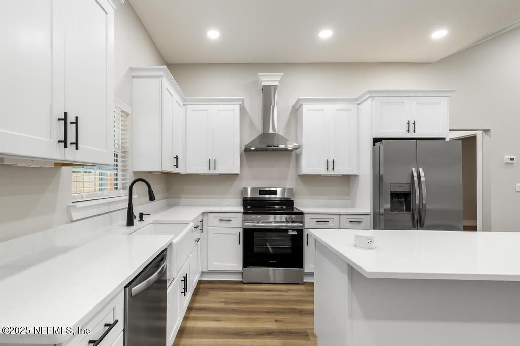 Interior, Kitchen, Recessed Lighting, Stainless Steel Appliances, Wood Texture Flooring