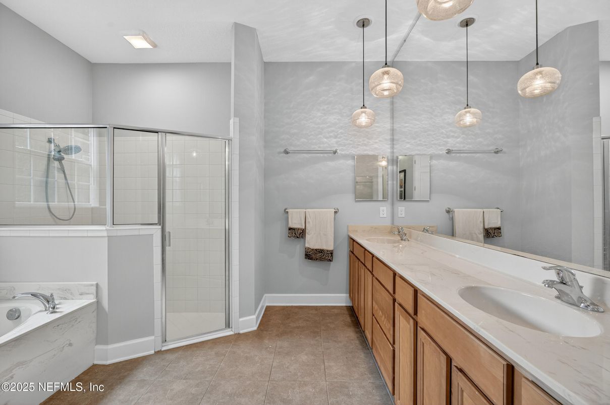 Bathroom, Dual Sink Vanities, Glass Shower, Interior, Pendant Lights, Recessed Lighting