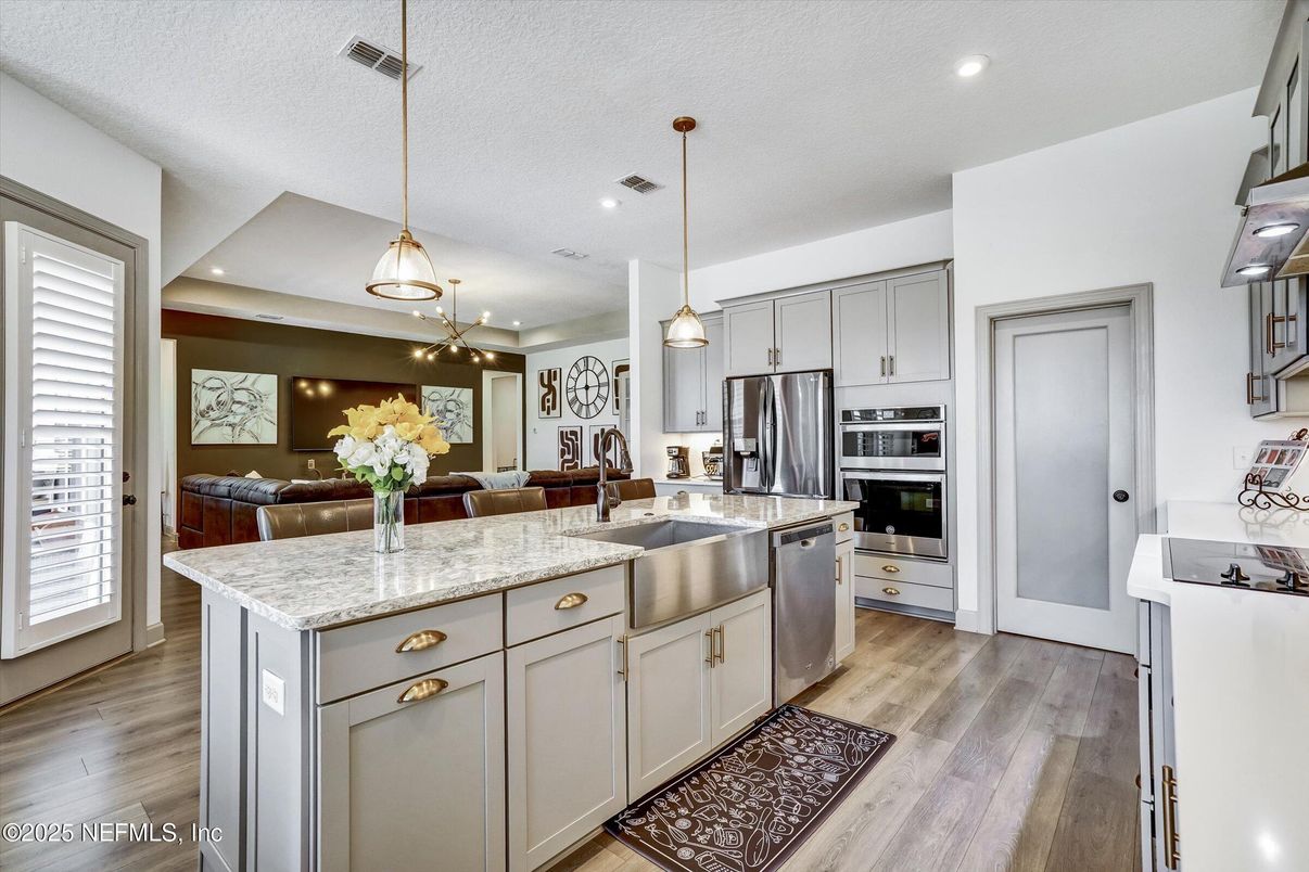 Interior, Kitchen, Pendant Lights, Recessed Lighting, Stainless Steel Appliances, Wood Texture Flooring
