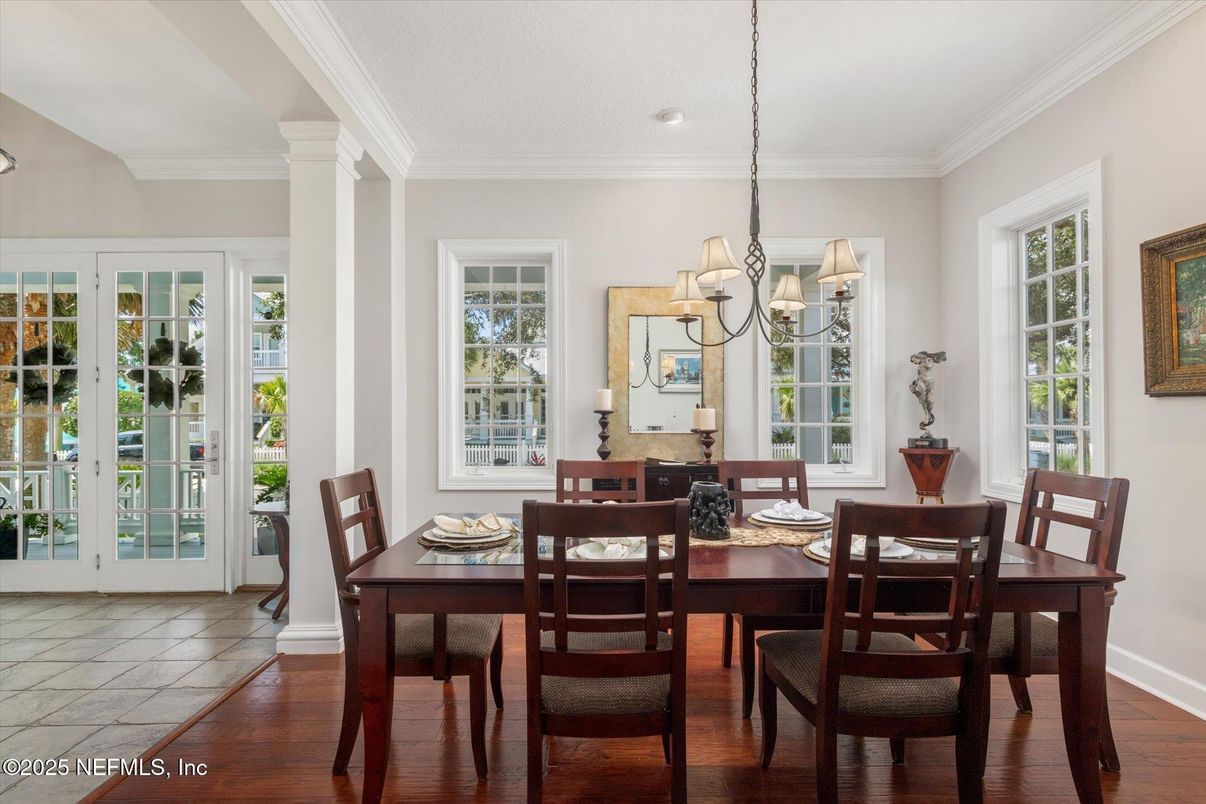 Chandelier, Dining room, Interior, Recessed Lighting, Wood Texture Flooring