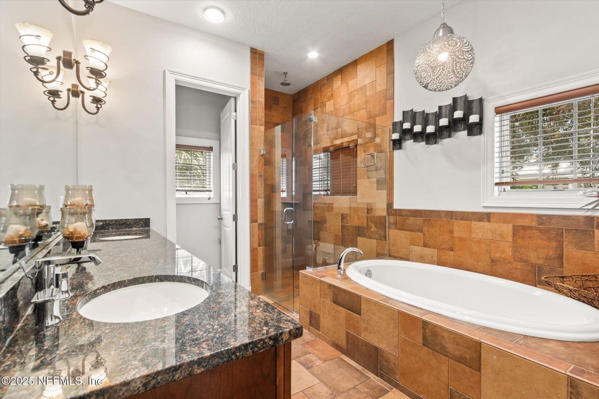 Bathroom, Dual Sink Vanities, Glass Shower, Interior, Pendant Lights, Recessed Lighting