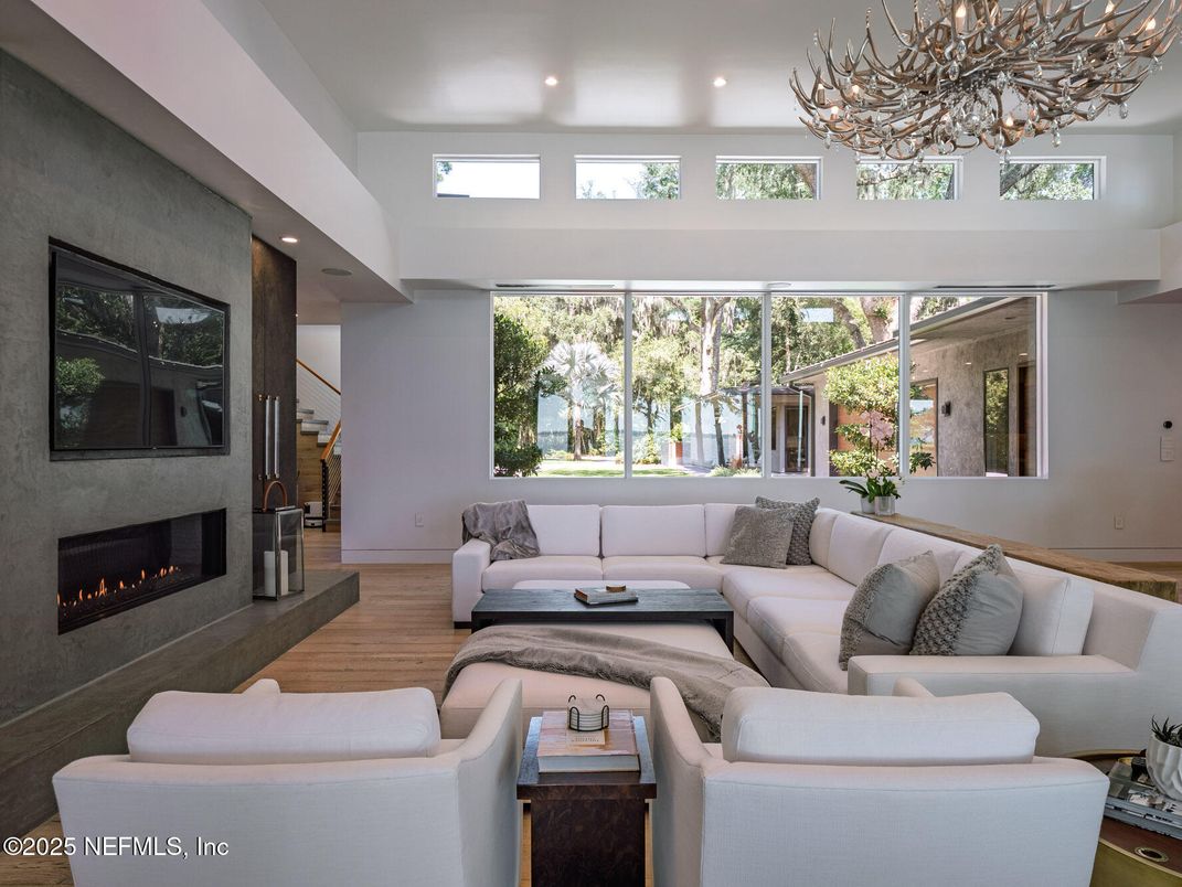 Chandelier, Fireplace, Interior, Living room, Recessed Lighting, Wood Texture Flooring