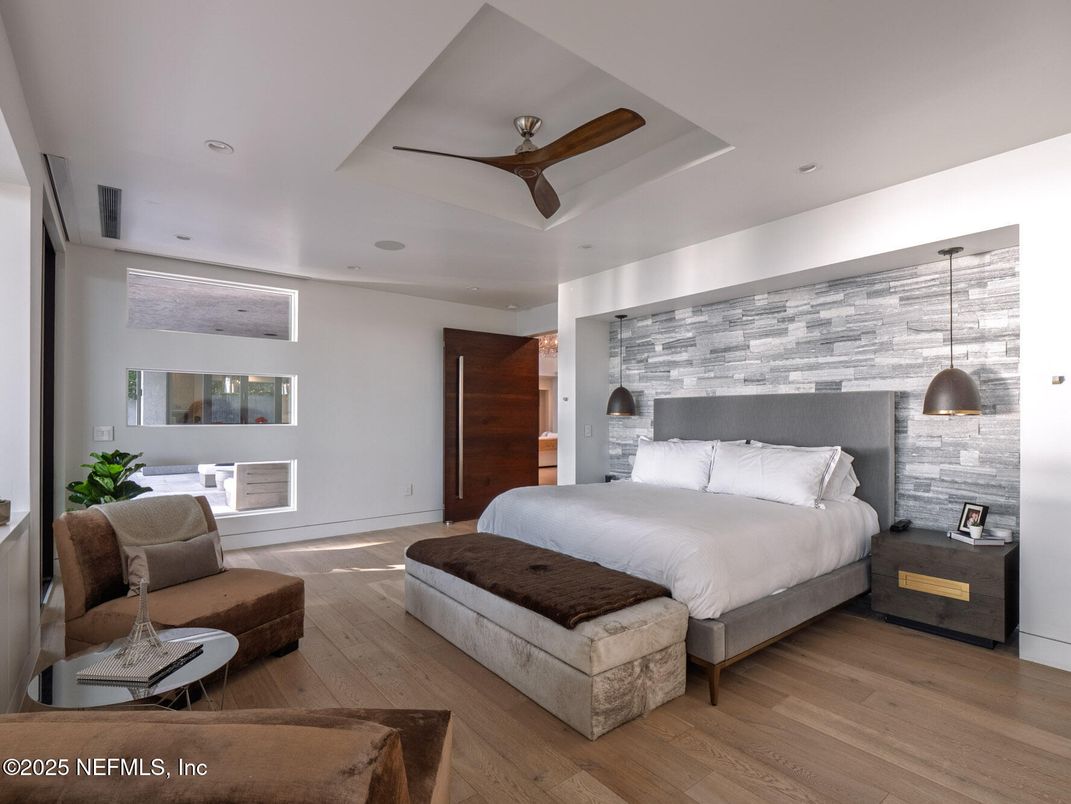 Bedroom, Interior, Pendant Lights, Recessed Lighting, Wood Texture Flooring
