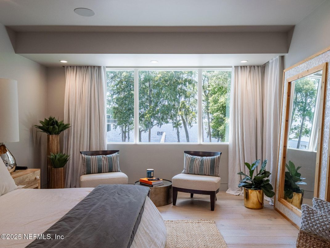 Bedroom, Interior, Recessed Lighting, Water, Wood Texture Flooring