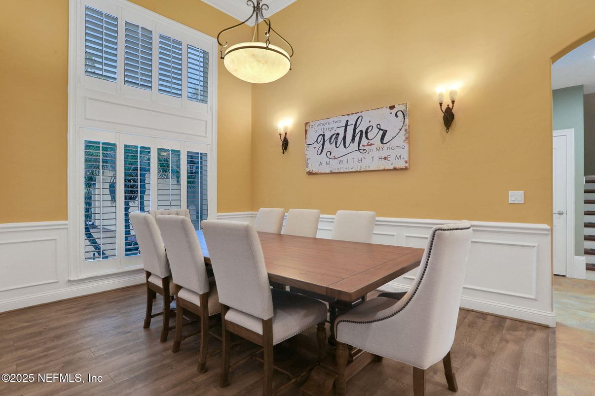 Dining room, Interior, Pendant Lights, Wood Texture Flooring